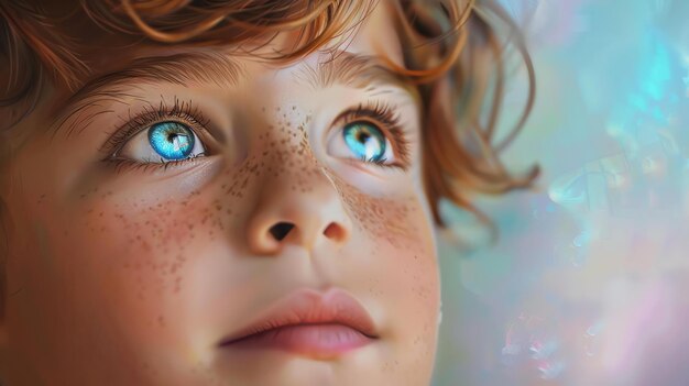 portrait of a young boy with freckles and blue eyes looking up in wonder