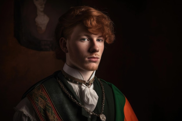 Portrait of a young british lord in traditional irish attire created with generative ai