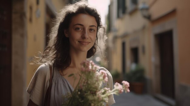 Foto ritratto di giovane donna castana che sorride guardando la macchina fotografica camminando per una strada in una città costiera con un mazzo di fiori