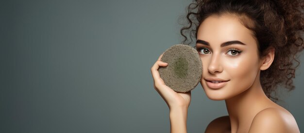 Foto ritratto di giovane donna bruna con il viso pulito con un disco aporoso in mano