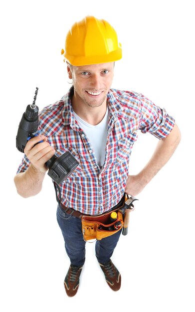 Photo portrait of young builder isolated on white