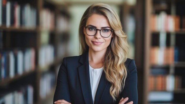 Portrait of young business female or student in eyeglasses holding in arms some books