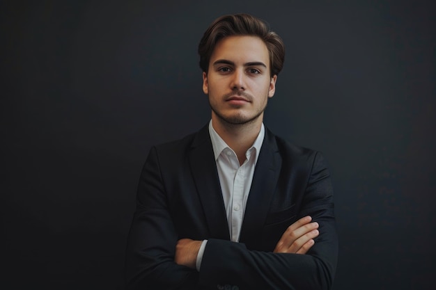 Portrait of young business man with folded hands against background