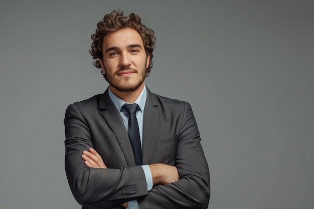 Portrait of young business man with folded hands against background