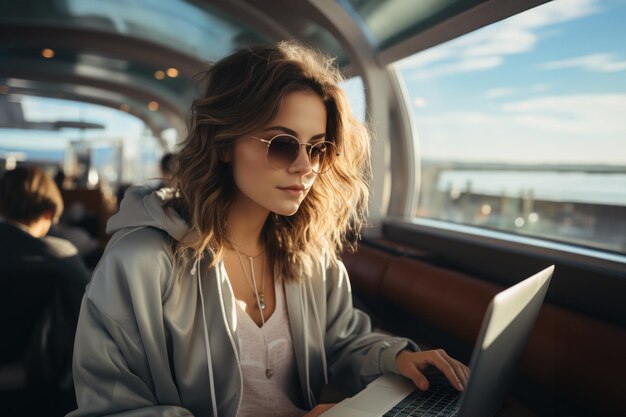 Portrait of a young business woman in the airport Use laptop in social media lobby