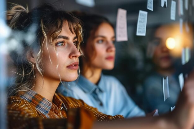 Photo portrait of a young business woman brainstorming using adhesive notes in an office innovative