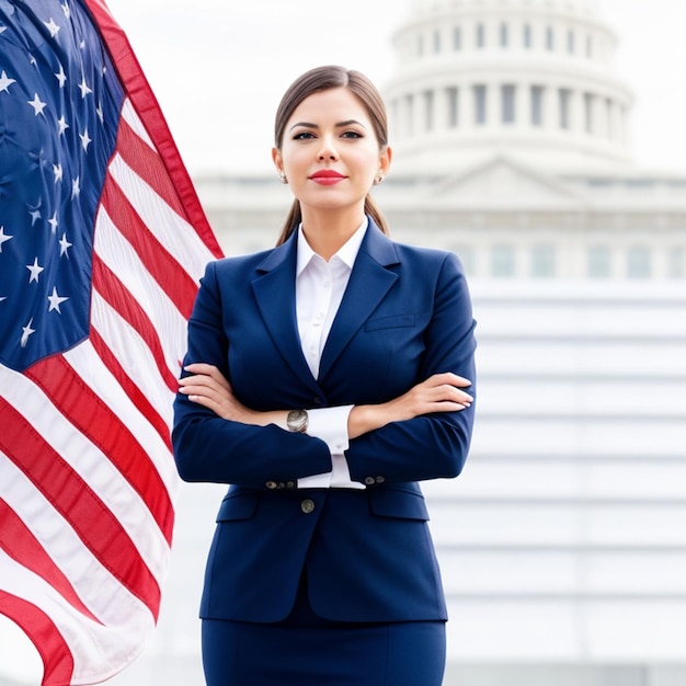 Portrait of a young business woman holding an American flag outdoors