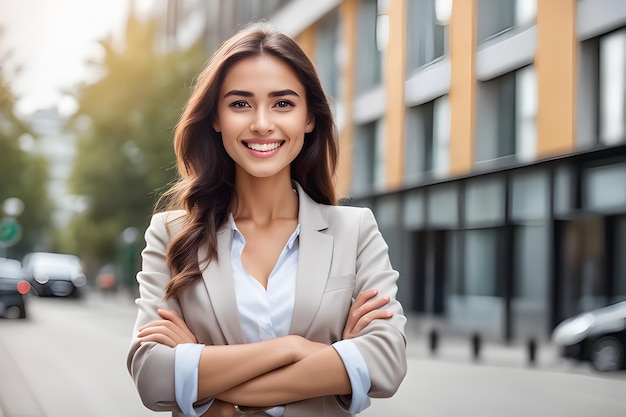 Portrait of a young business woman smiling while looking at camera