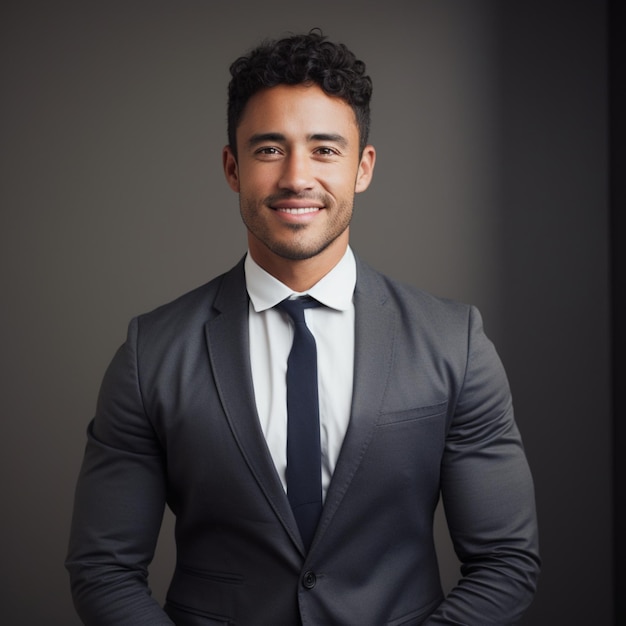 Portrait of a young businessman guy smiling at camera on a black background