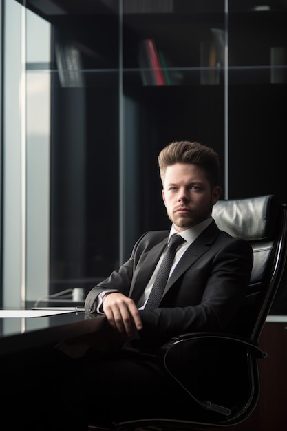 Портрет молодого бизнесмена, сидящего в офисе