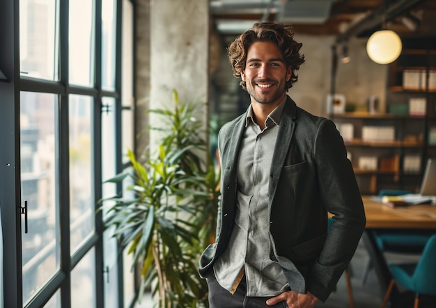 Portrait of young businessman standing in office with smiling expression