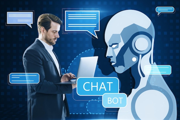 portrait of young businessman using laptop with creative glowing robot and chat ai hologram on blue pixels background machine learning artificial intelligence and innovation concept