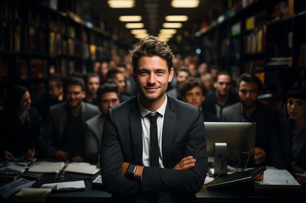 Photo portrait of a young businessman with his employees behind him generative ai