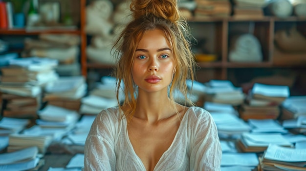 Portrait of a young businesswoman sitting at the table in office