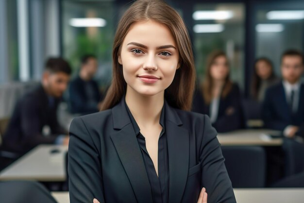 Портрет молодой деловой женщины, стоящей в офисе с коллегами на заднем плане Генеративный ИИ