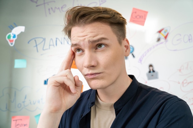 Portrait of young caucasian businessman thinking with confused face expression while standing in front of glass board with sticky notes and mind map at creative business meeting Immaculate