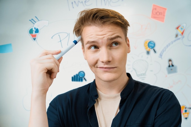 Photo portrait of young caucasian businessman thinking with confused face expression while standing in front of glass board with sticky notes and mind map at creative business meeting immaculate