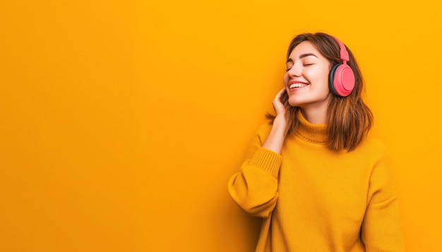 Foto ritratto di una giovane signora caucasica che sorride di piacere con la faccia chiusa e gli occhi chiusi ascoltando musica