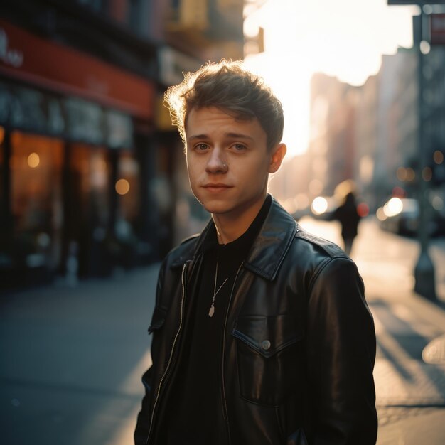 Portrait of young caucasian man in jacket in city street created using generative ai technology