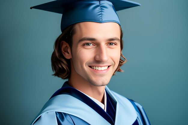 Portrait of young caucasian smiling male student in hat and gown posing in blue background successfu