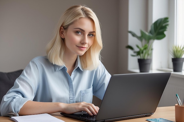 Portrait of young caucasian woman with blonde hair freelancer working at home sitting at desk in living room using typing laptop computer