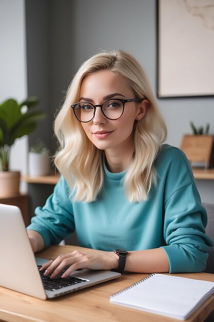 Portrait of young caucasian woman with blonde hair freelancer working at home sitting at desk in living room using typing laptop computer