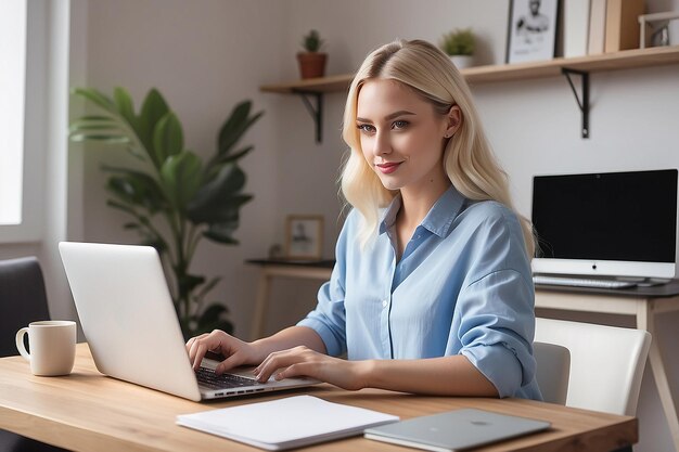 Portrait of young caucasian woman with blonde hair freelancer working at home sitting at desk in living room using typing laptop computer