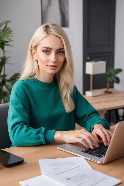 Portrait of young caucasian woman with blonde hair freelancer working at home sitting at desk in living room using typing laptop computer