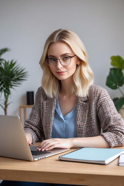 Portrait of young caucasian woman with blonde hair freelancer working at home sitting at desk in living room using typing laptop computer