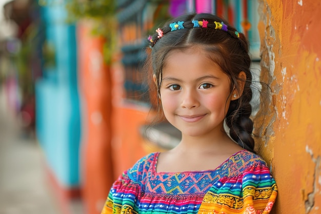 Портрет молодой очаровательной улыбающейся латиноамериканской брюнетки с коричневыми глазами в красочном платье на городской улице