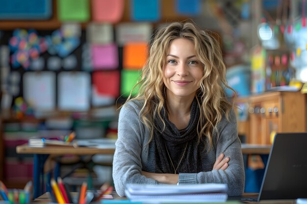 Portrait of young cheerful teacher woman on classroom background in the school International happy teachers day and education success concept