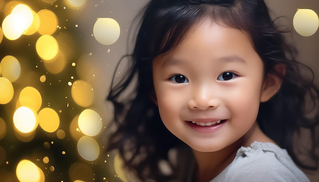 クリスマス ツリーの背景をぼかした写真に若い中国人の女の子の肖像画