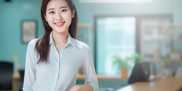 Portrait of a young confident Asian woman posing in the office Business lady