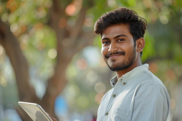 Portrait of a young confident smiling indian man holding a tablet and looking into the distance