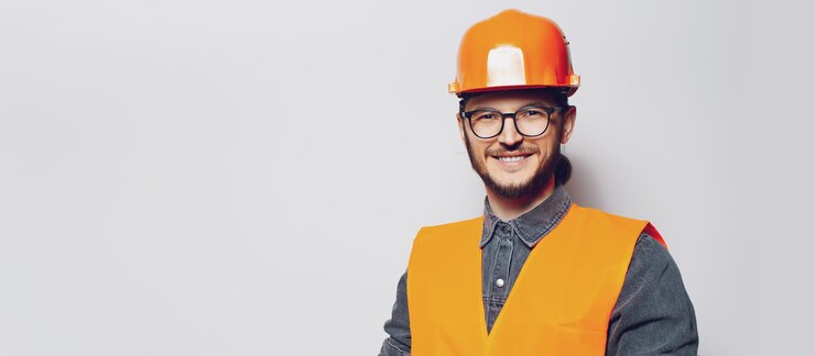 Portrait of young construction worker on white Panoramic banner copy space