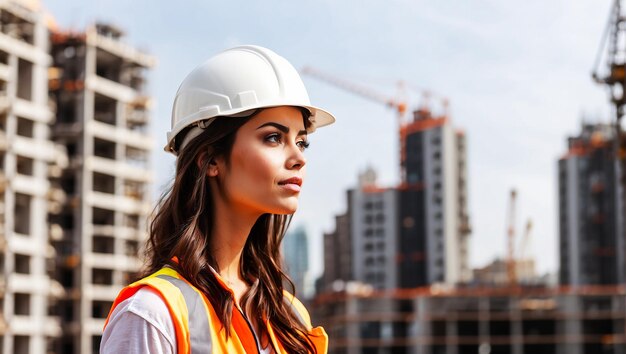 Portrait of a young construction worker woman with safety helmet letting see city buildings under co