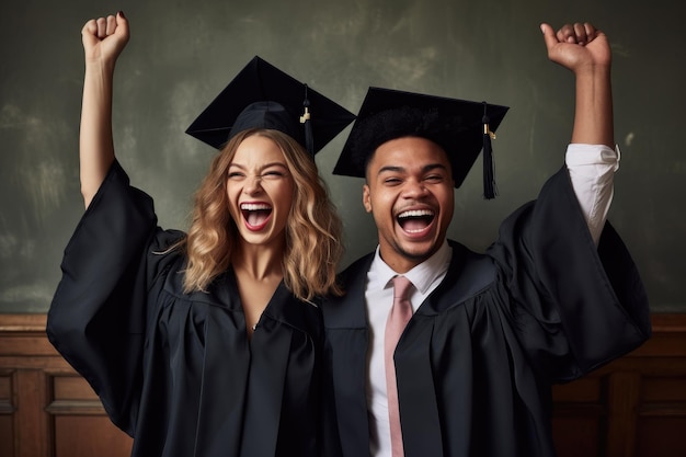 Portrait of a young couple cheering in their graduation robes created with generative ai