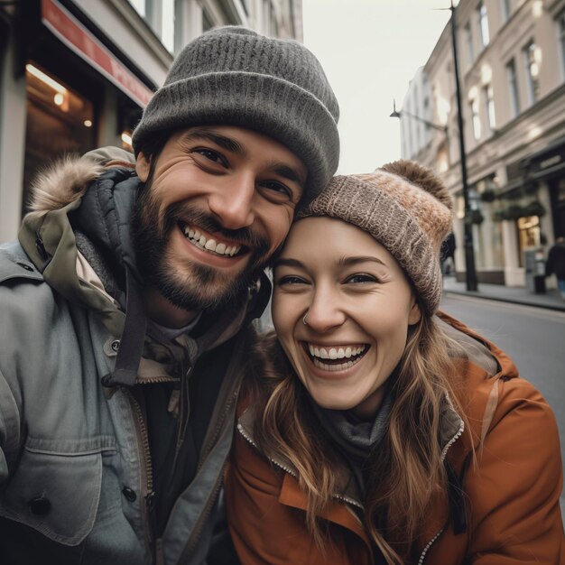 Portrait of young couple in the city street Millennial man and woman taking selfie picture outdoor with houses and cars in background Happy expression portrait people Friendship and relationship