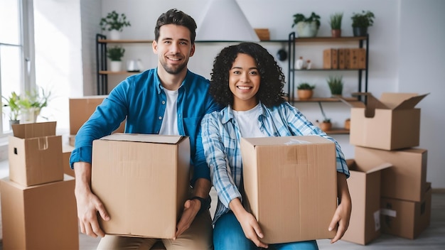 Portrait of young couple with cardboard boxes at new home moving house concept
