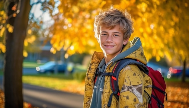 Portrait of young cute boy in yellow hoodie posing with bunch of autumn leaves in th Generative AI