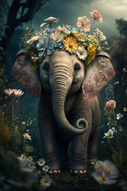 Foto ritratto di un giovane elefante carino con fiori in testa seduto nel mezzo della giungla generativo ai