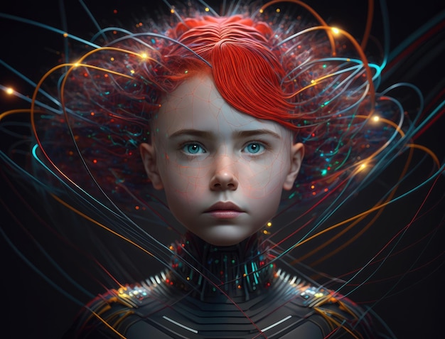 Portrait of young cyber girl glow hair generative ai