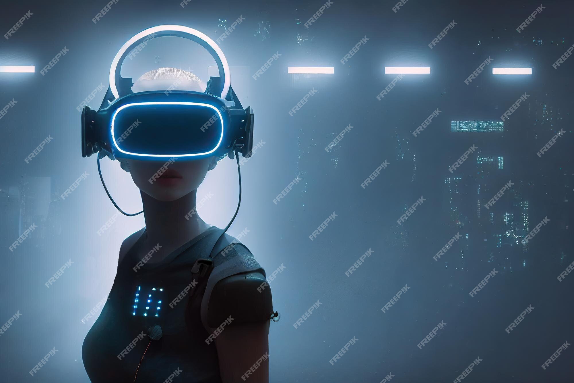 Premium Photo | Portrait of young cyber girl wears glowing science fiction  virtual reality glasses on neon blue background