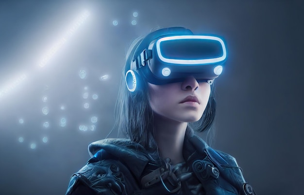 Premium Photo | Portrait of young cyber girl with glowing blue eyes wears  science fiction virtual reality glasses on neon background