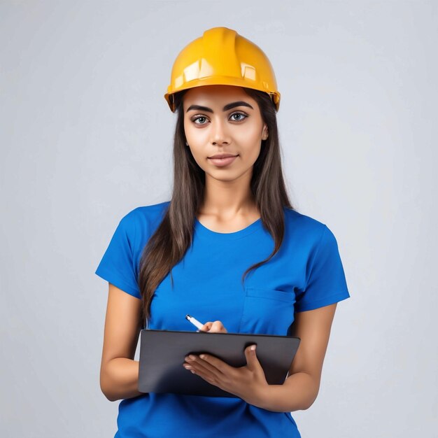 Photo portrait of young delivery woman with clipboard tshirt white background