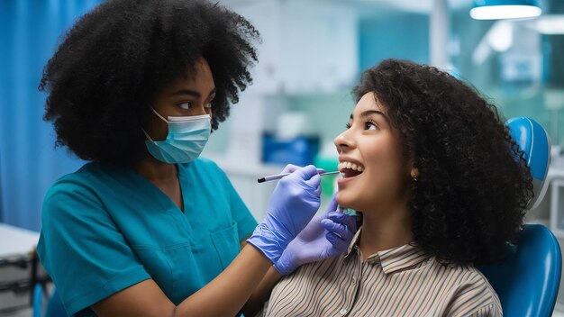 Photo portrait of young dentist in gloves examining teeth of female client in the hospital