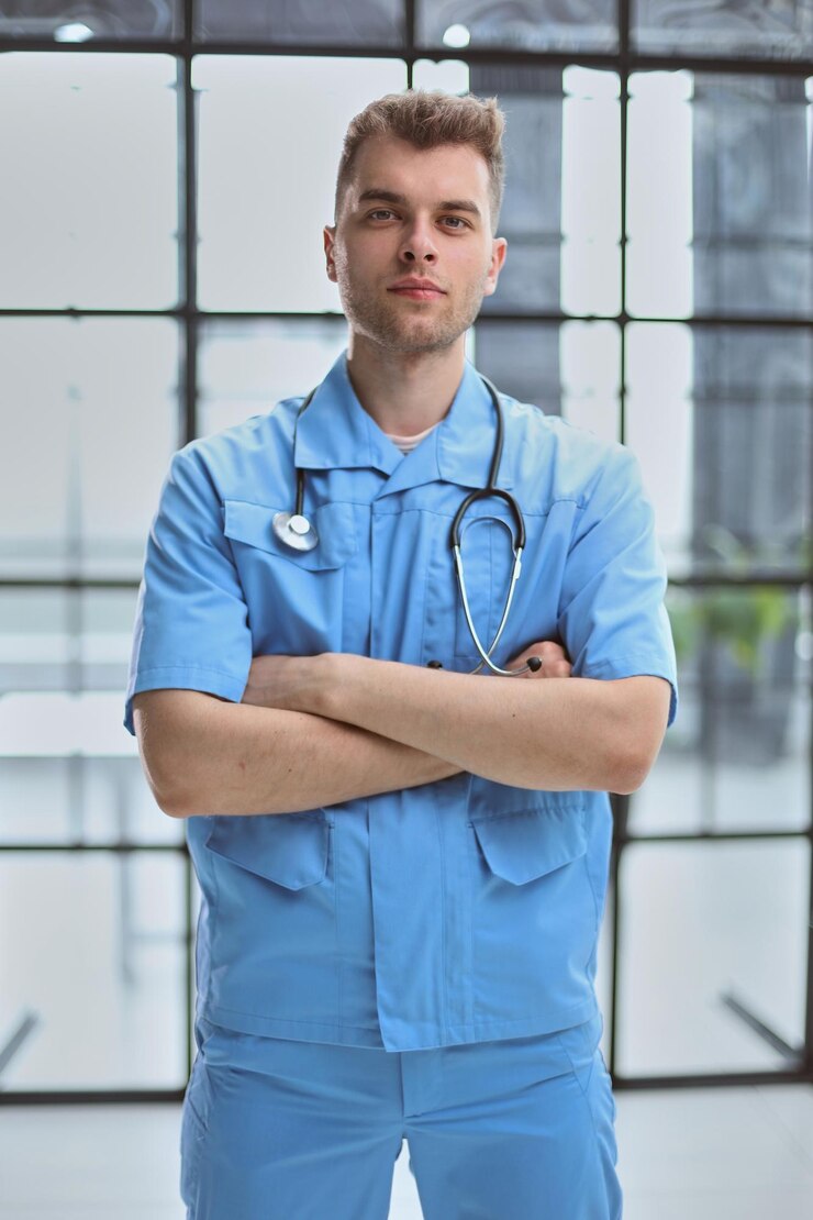 Photo portrait of a young doctor in a blue uniform