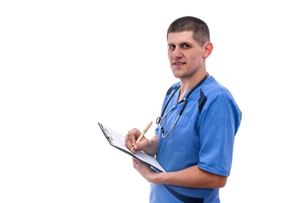 Portrait of young doctor with stethoscope and clipboard isolated