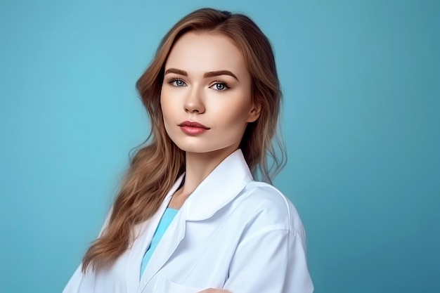 Photo portrait of young doctor woman over isolated blue background space for text generative ai