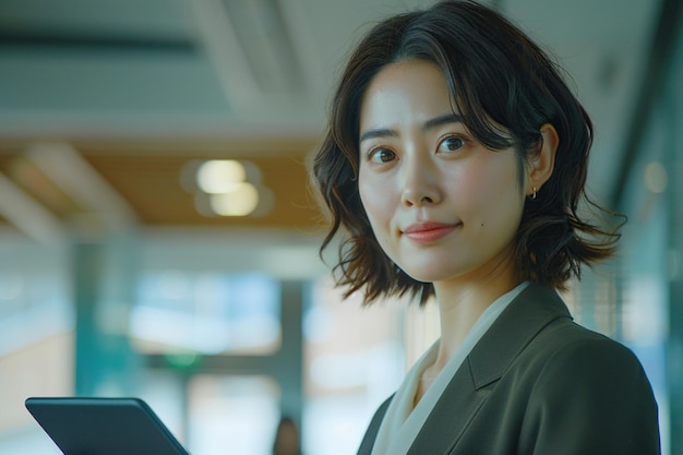 현대적인 오피스 빌딩에서 태블릿 컴퓨터에서 일하는 젊은 일본 여성 비즈니스 매니저의 초상화 자신감있는 아시아 전문가는 온라인에서 문서를 검색하고 홀에서 미소 짓고 있습니다.